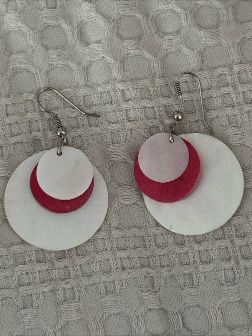 Layered White and Pink Disc Drop shell Earrings